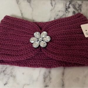 Elegant Plum Knit Headband with Crystal Flower
